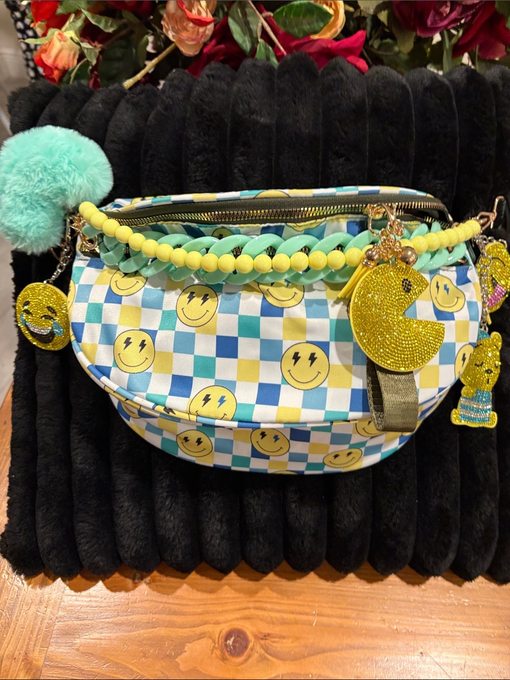 Smiley Checkerboard Crossbody Bag with Beaded Charm